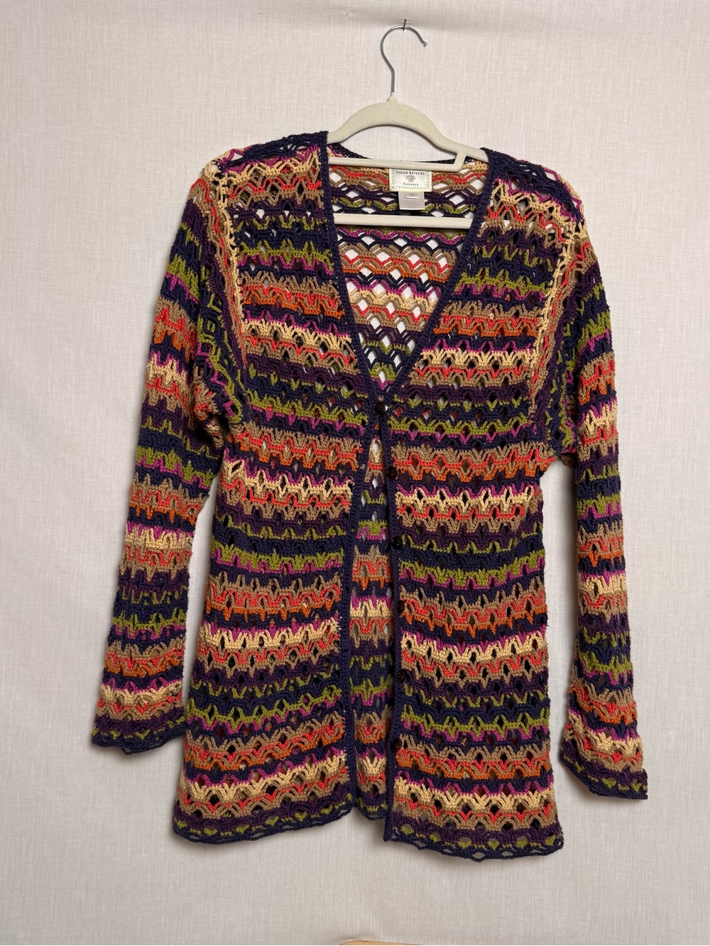 Susan Bristol Hand Knit Crochet Cardigan Sweater M Multicolor Open Knit Boho